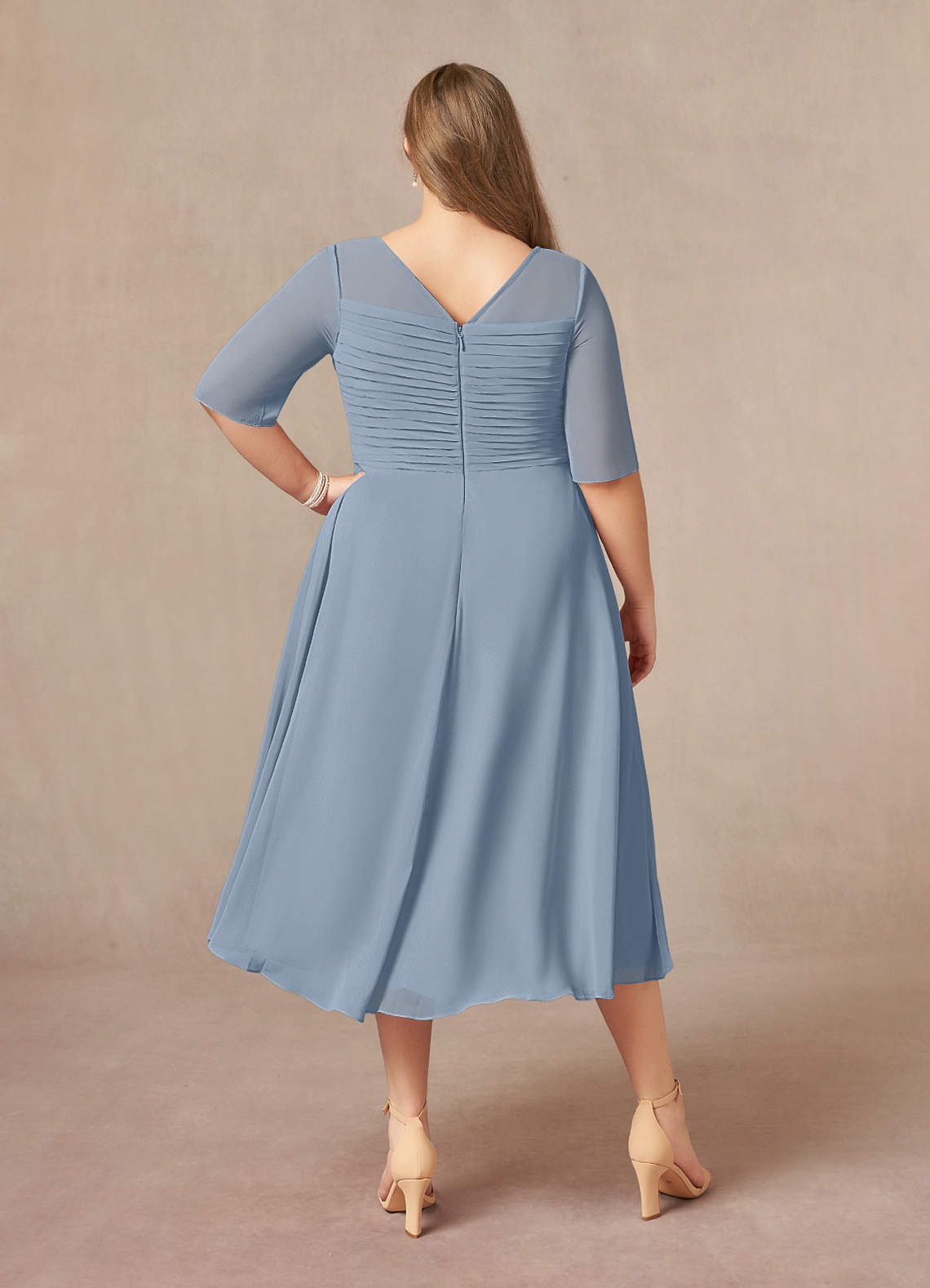 Azazie Naomi Mother of the Bride Dresses Dusty Blue A-Line Boatneck Pleated Chiffon Dress image10