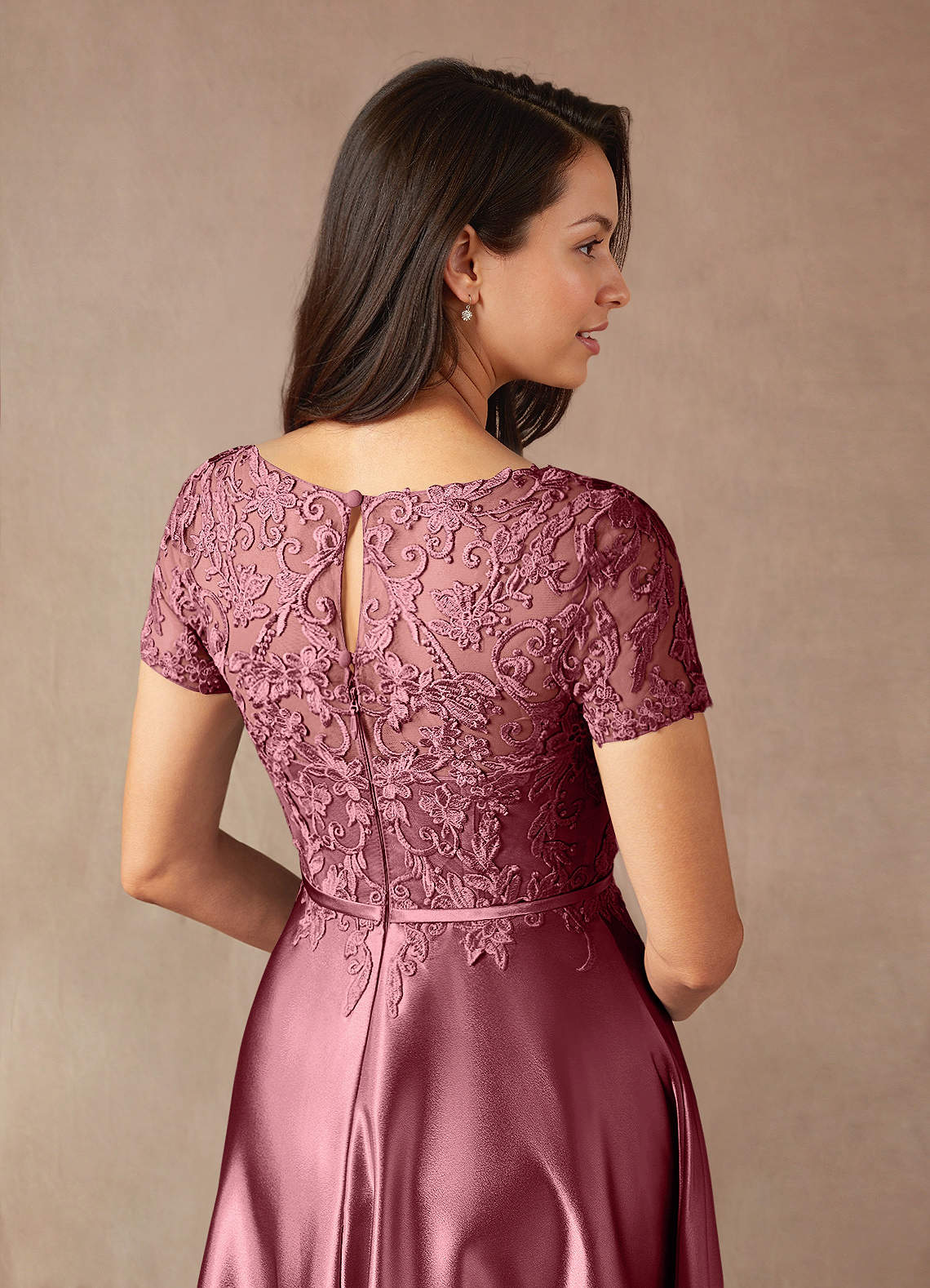 Azazie Adina Desert Rose A-Line Lace Metallic Satin Dress | Azazie CA
