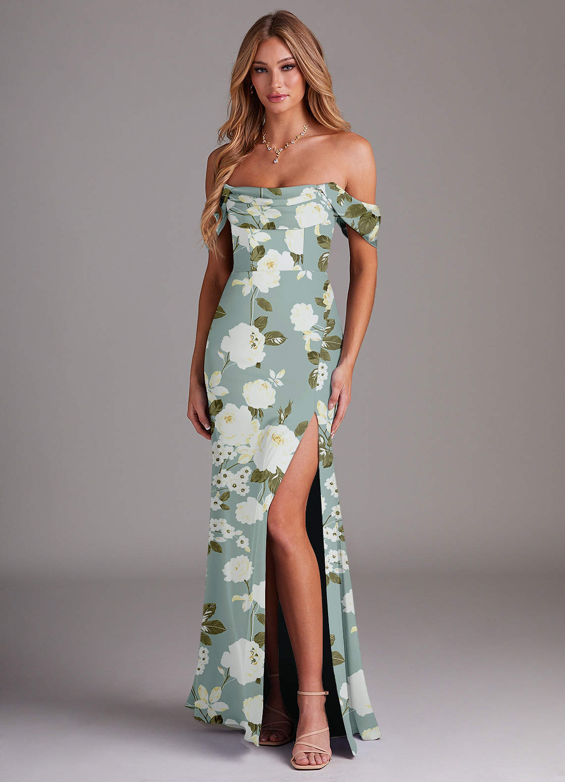 Azazie Saige Bridesmaid Dresses Misty Floral Garden Sheath Off the Shoulder Stretch Satin Dress image1