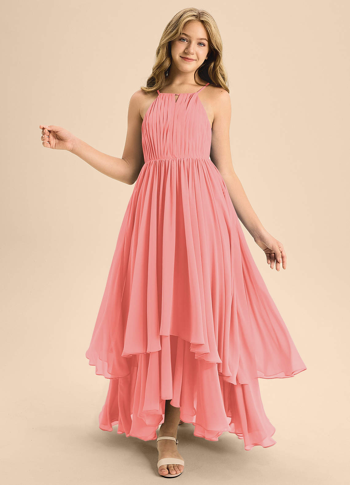 Azazie Elliora Junior Coral A-Line Pleated Chiffon Dress image1