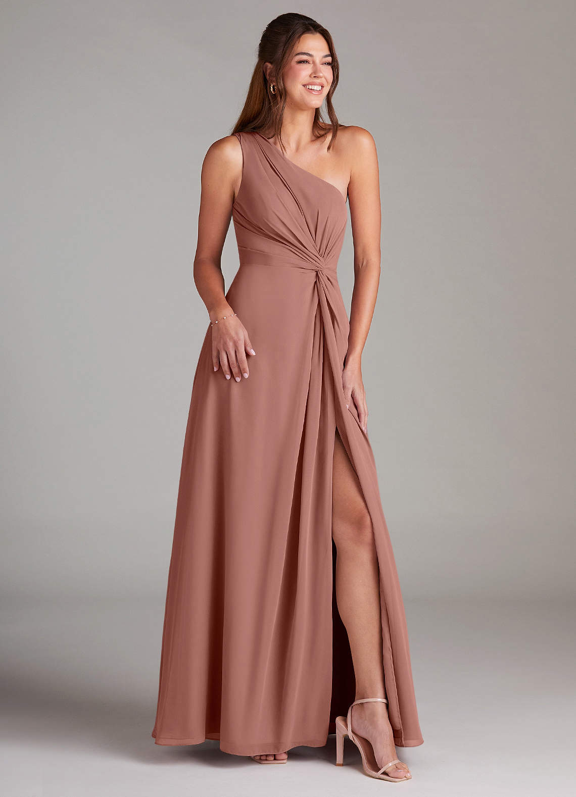 Azazie Brooke Bridesmaid Dresses Cedar Rose A-Line One Shoulder Chiffon Dress image3