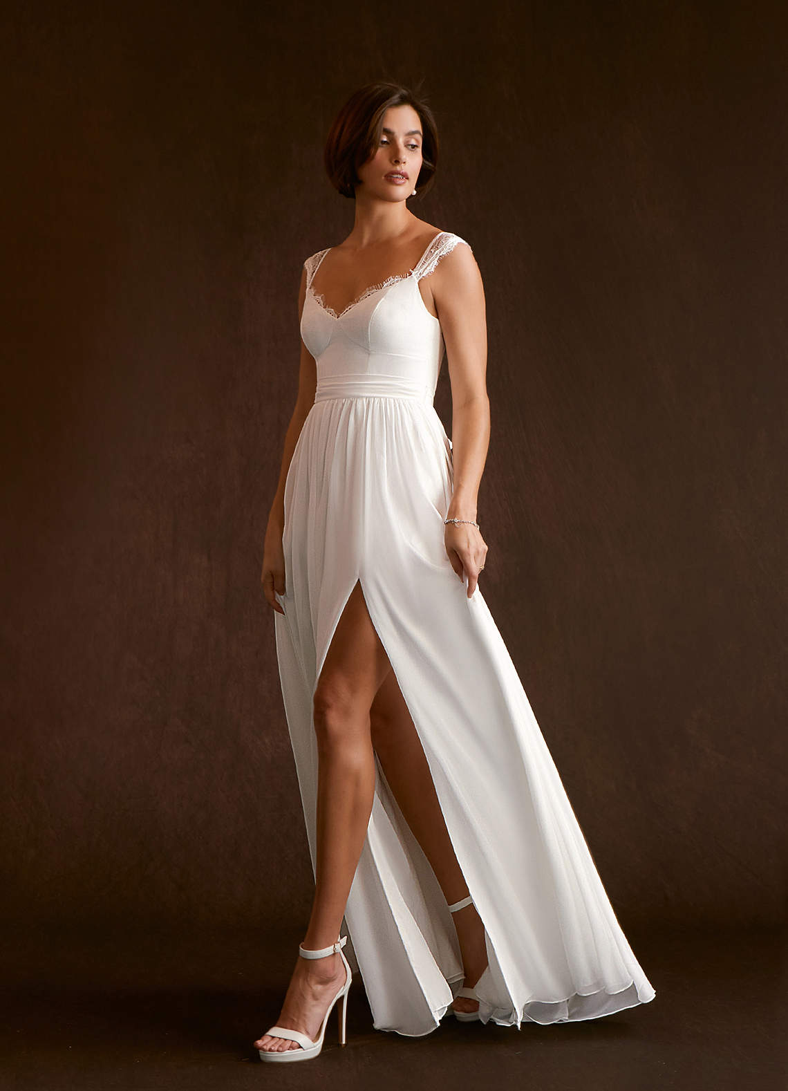 Azazie Aubriella At-home Try On Dresses Diamond White A-Line Lace Chiffon Dress image2