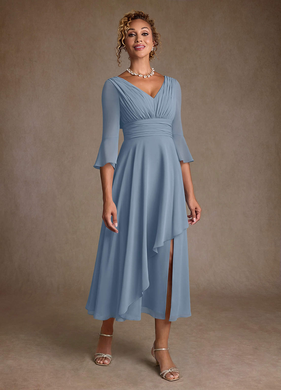 dusty blue mother of the bride dresses tea length Azazie Terrano