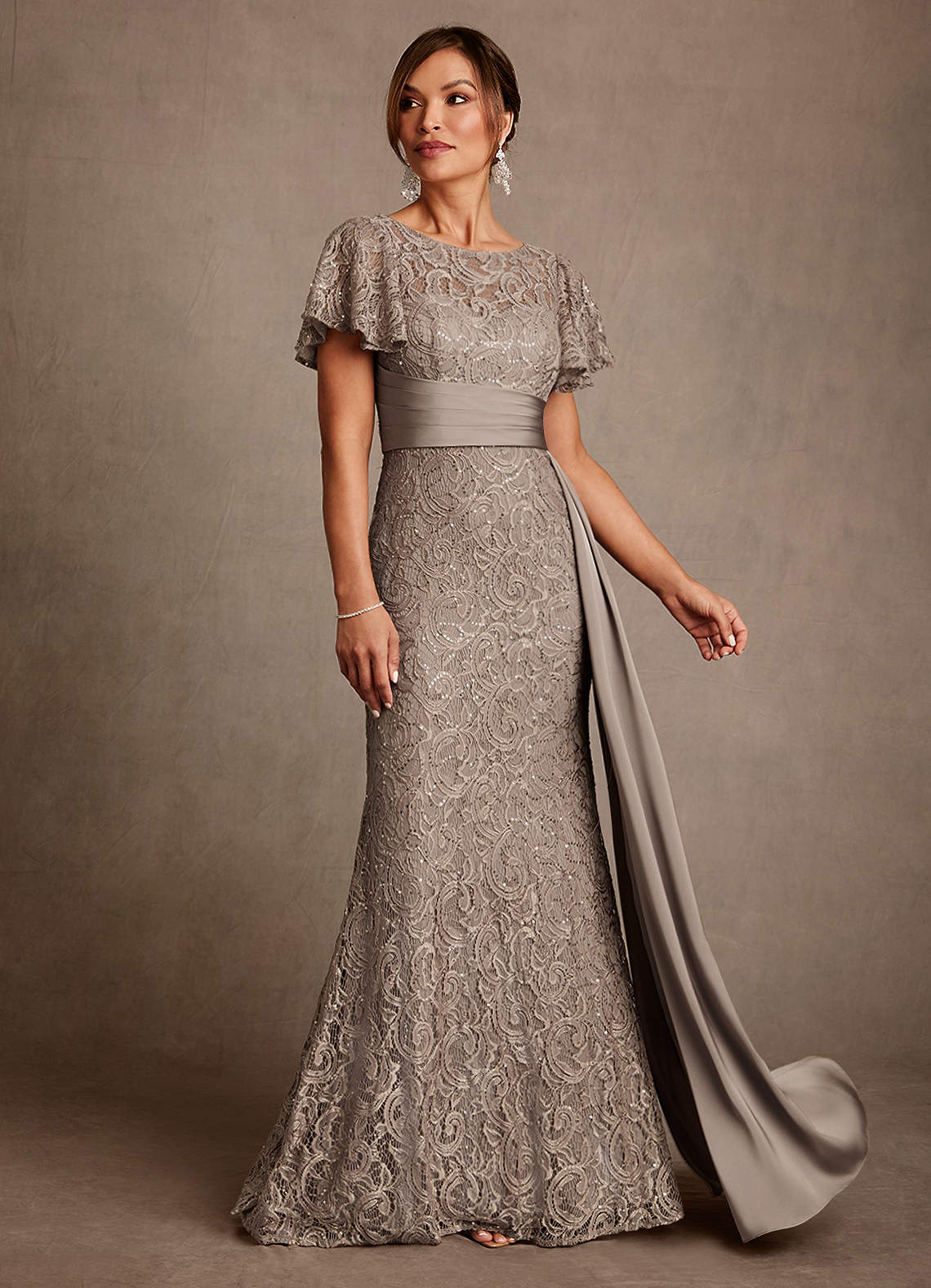 Azazie Harrison Taupe Mermaid Pleated Lace Dress | Azazie