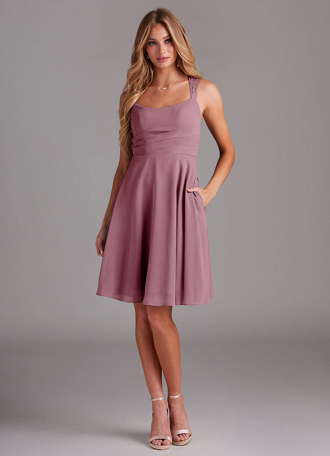 Azazie Vina Bridesmaid Dresses Vintage Mauve A-Line Lace Chiffon Dress image1