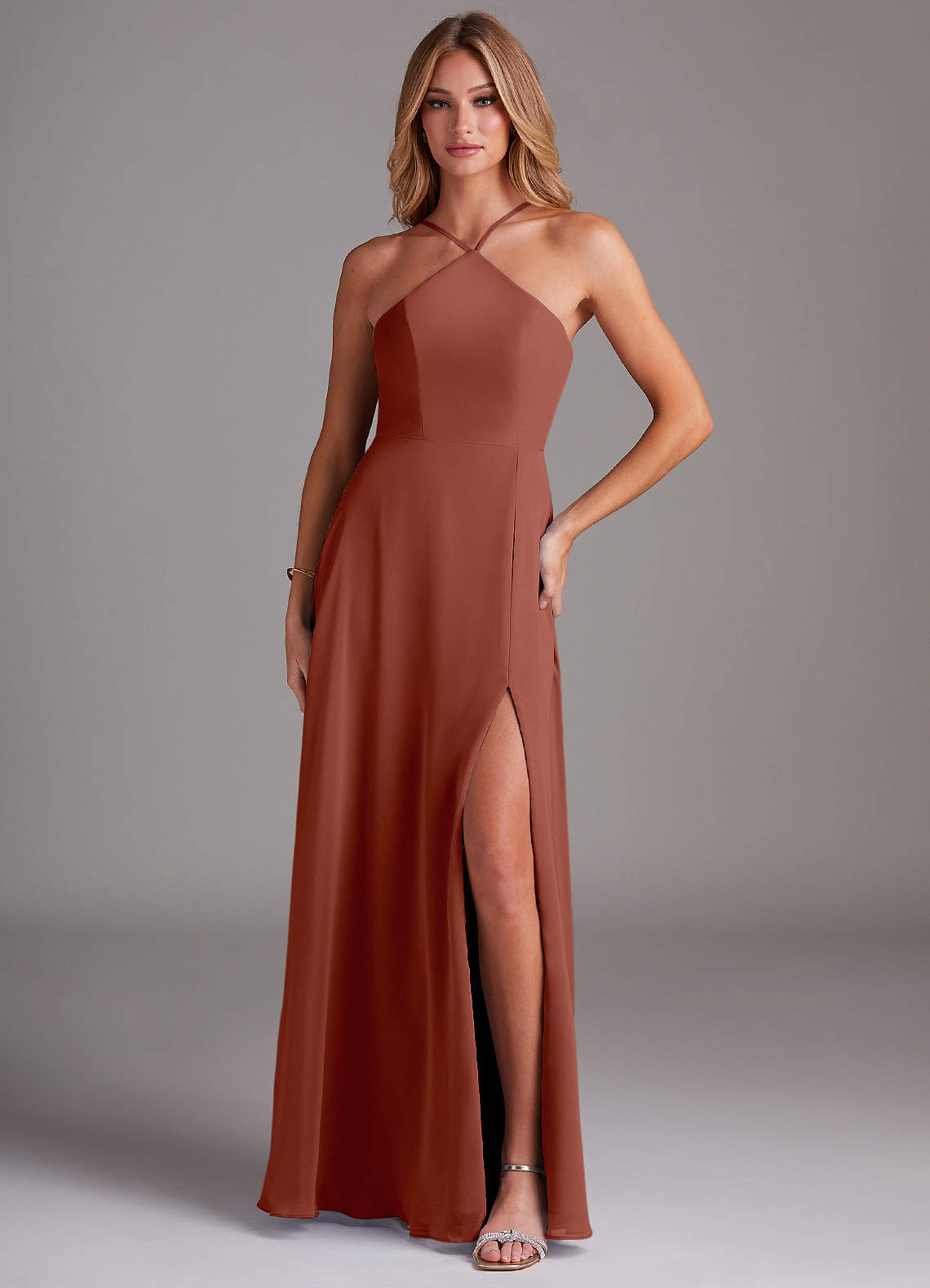 Azazie Bailey Bridesmaid Dresses Auburn A-Line Halter Side Slit Chiffon Dress image1