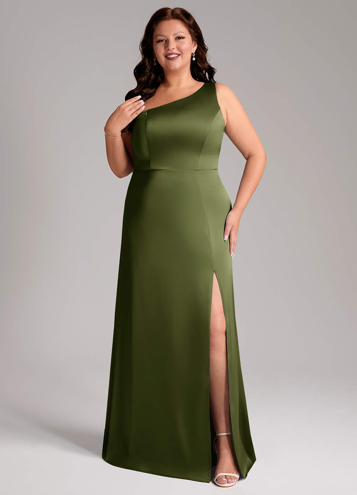 Azazie Phaedra Bridesmaid Dresses Olive A-Line One Shoulder Stretch Satin Dress image1