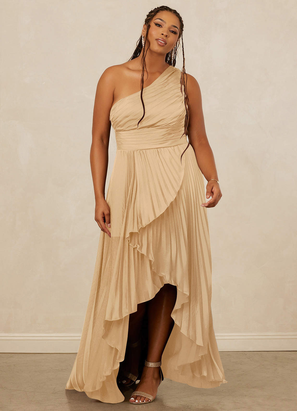 Christian Siriano Bridal for Azazie 1008 Bridesmaid Dresses Gold A-Line One Shoulder Stretch Satin Dress image1