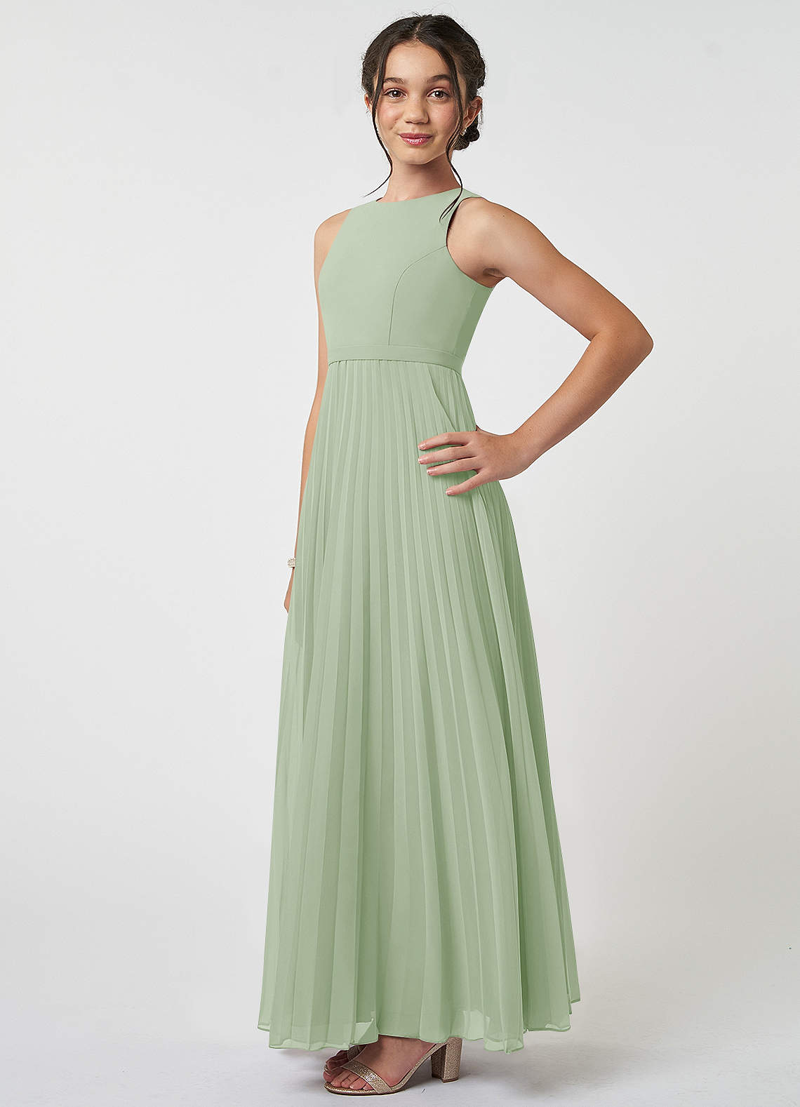 Azazie Lindie Junior Abito A-Line in Chiffon Plissettato Verde Salvia image2