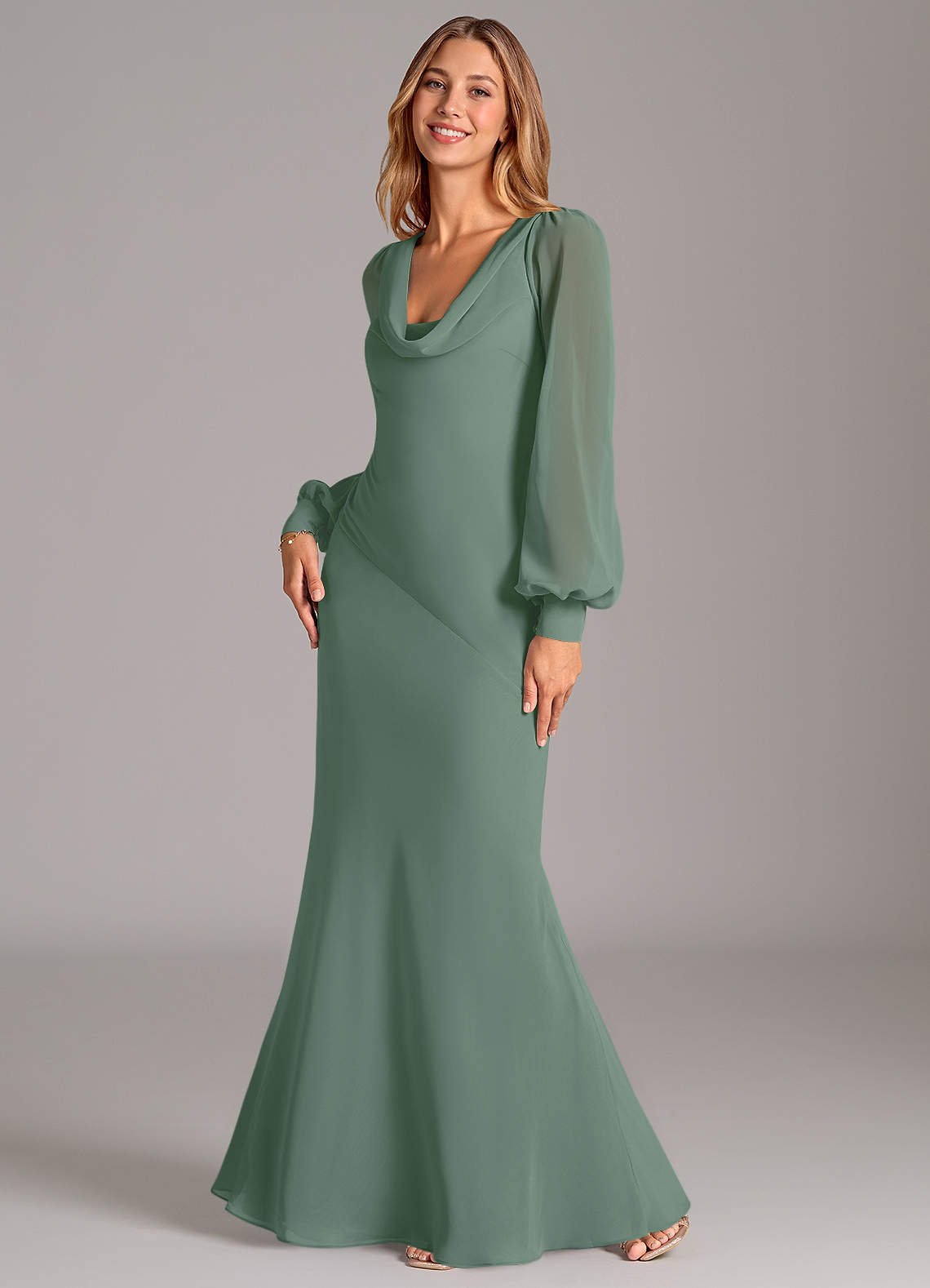Azazie Jaxine Bridesmaid Dresses Eucalyptus Mermaid Long Sleeve Chiffon Dress image1