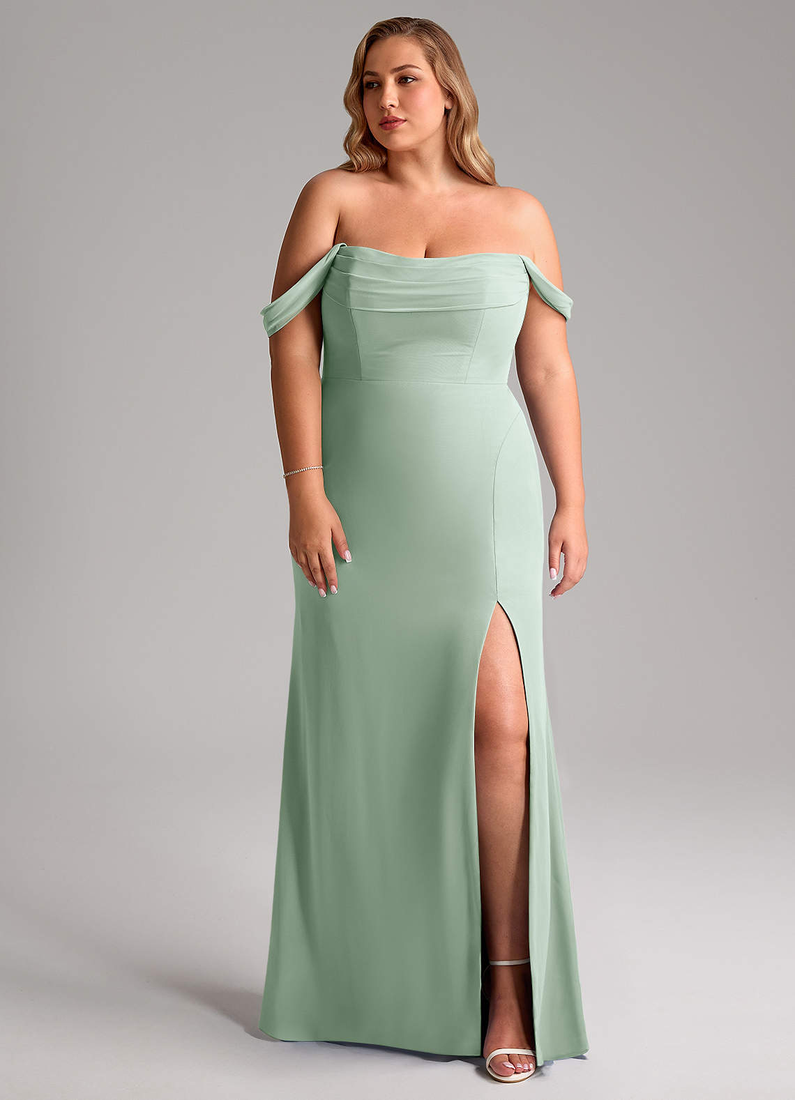 Azazie Saige Bridesmaid Dresses Agave A-Line Off the Shoulder Chiffon Convertible Dress image9
