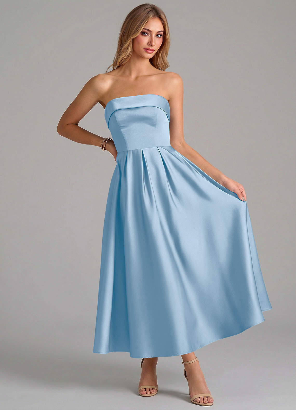 Azazie Lucienne Brudepigekjoler En streg Plisseret Stræk satin Ankel-længde Kjole image4