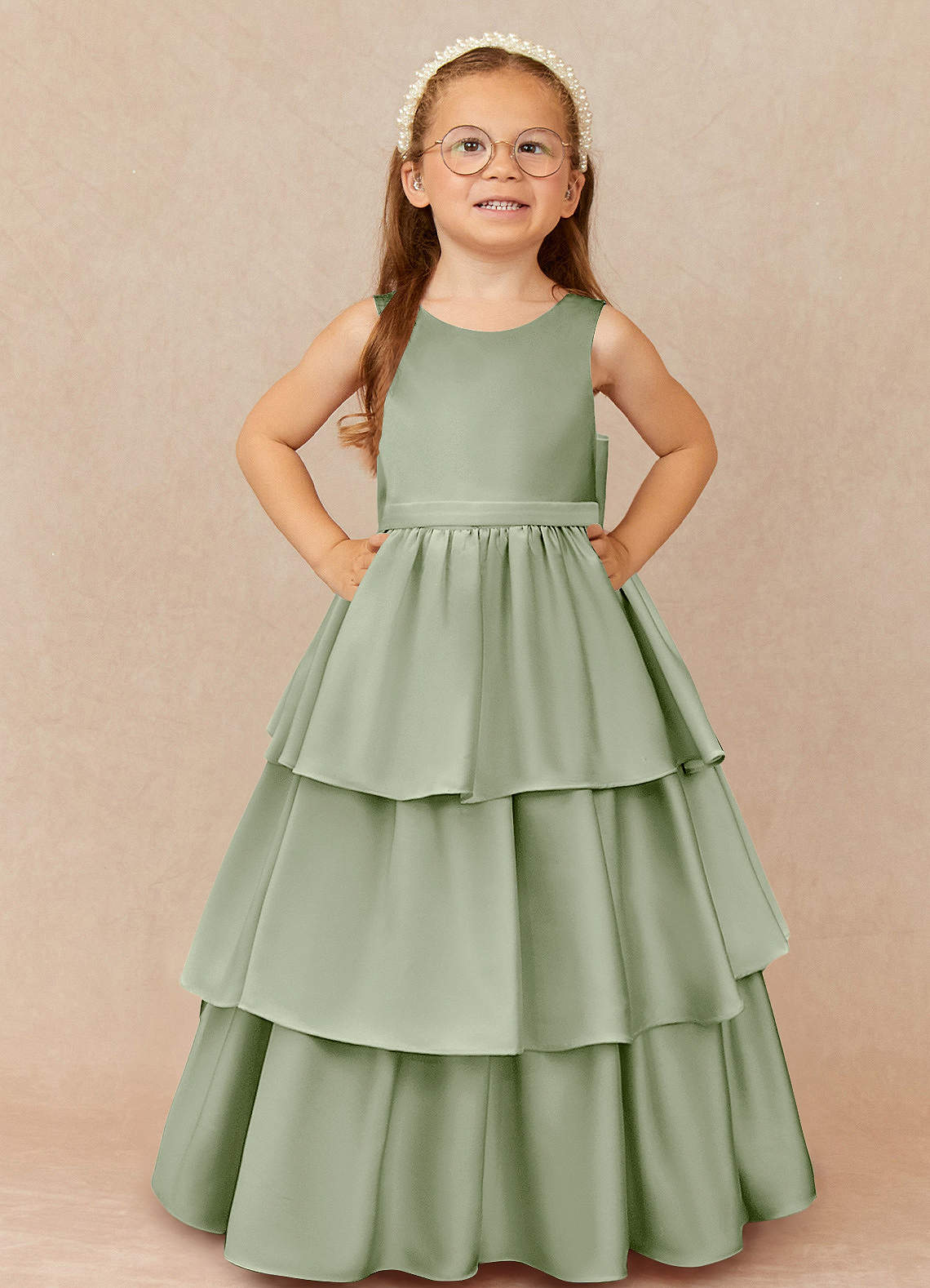 Azazie Margie Flower Girl Dresses Dusty Sage A-Line Bow Stretch Satin Dress image1