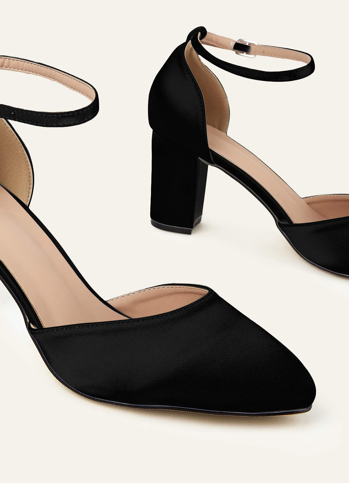 front Satin Ankle Strap Pointed Toe Block Heels