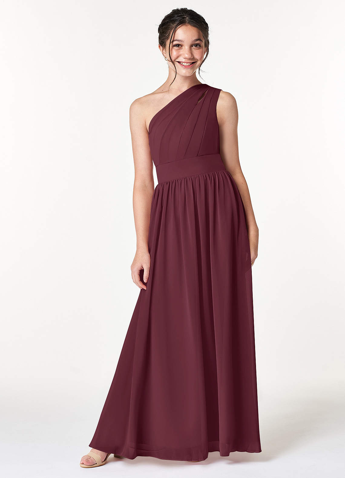 Azazie Molly Junior Cabernet A-Line Pleated Chiffon Dress image1