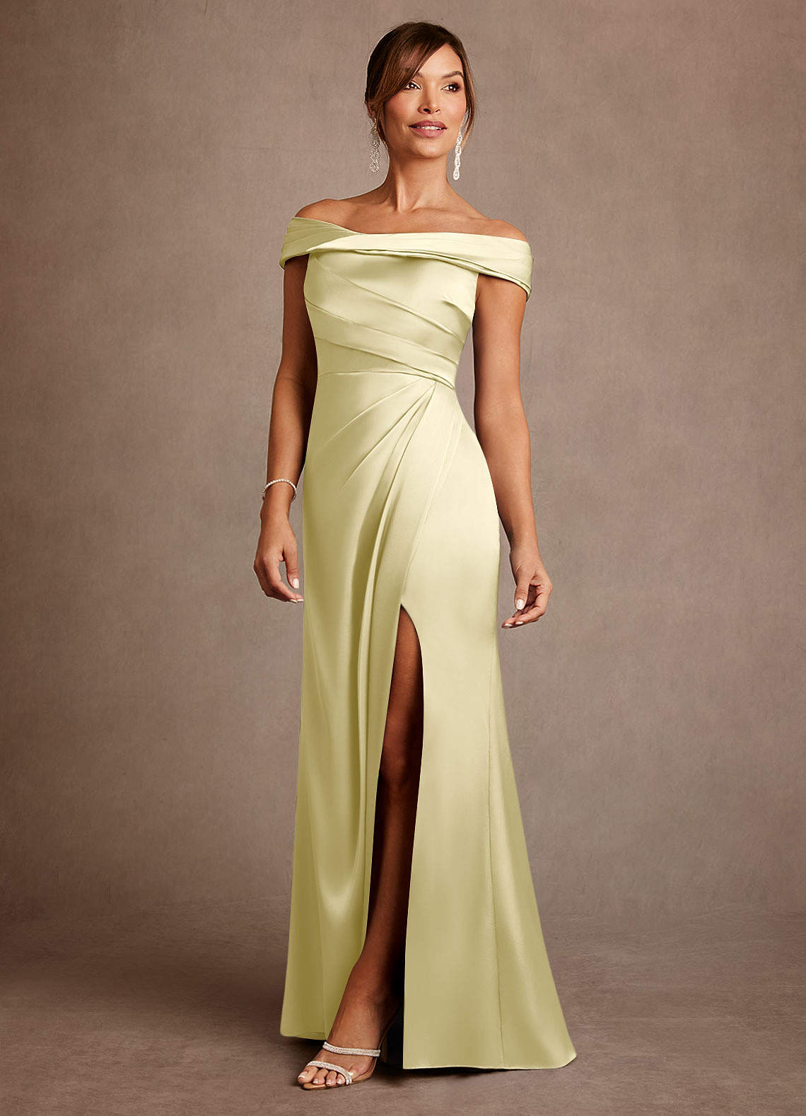 Azazie Bedford Mother of the Bride Dresses Lemon Sorbet Sheath Pleated Stretch Satin Dress image1