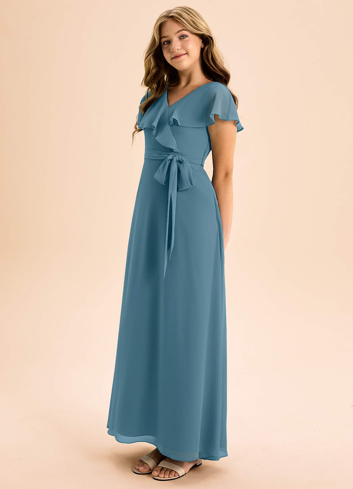 Azazie Lainey Junior A-Linie mit Taschen Chiffon Kleid Bermudablau image1
