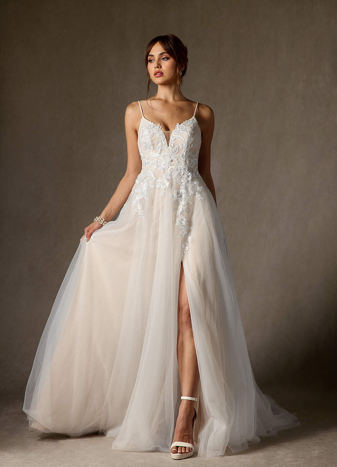 Azazie Nikita Wedding Dresses Diamond White Champagne A-Line Sequins Tulle Dress image1