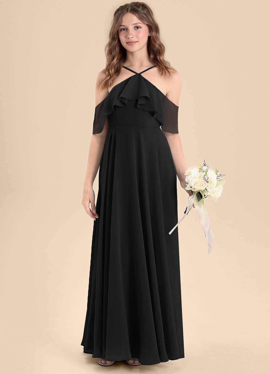 Azazie Tessabelle Junior Vestido de Negro de Gasa de Corte en A con Vestidos sin tirantes image3