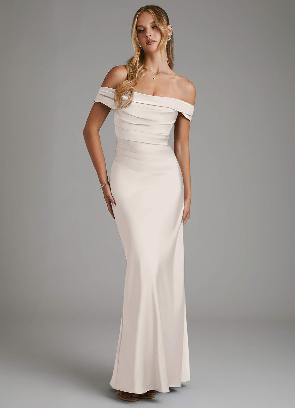 azazie white alabaster bridesmaid dress Mermaid Off The Shoulder Floor-Length Stretch Satin Dresses Color:Ivory AB neckline bodice held up Material: Performance tiffany blue wedding dress