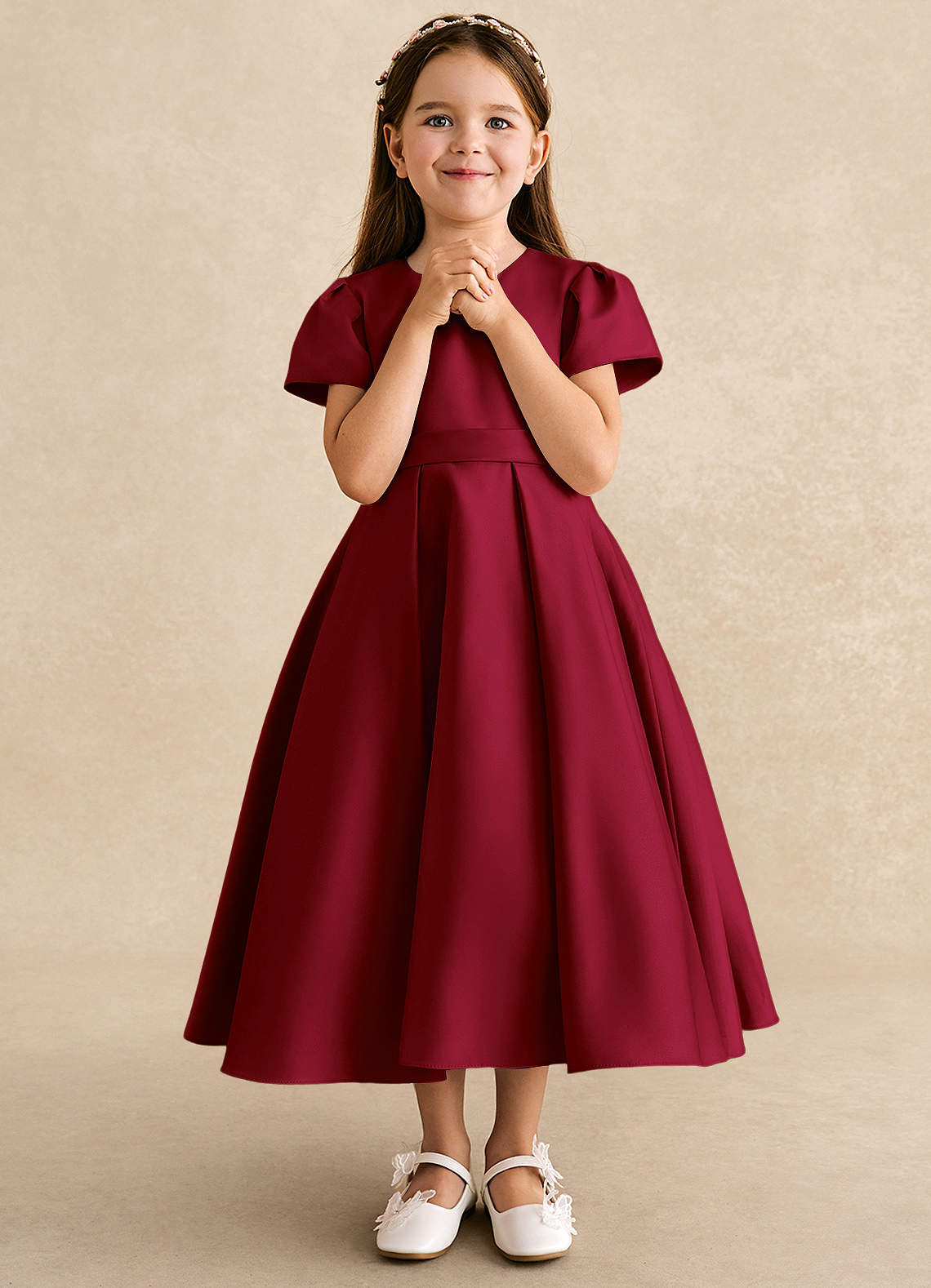 Azazie Princess Flower Girl Dresses Burgundy A-Line Pleated Matte Satin Dress image3
