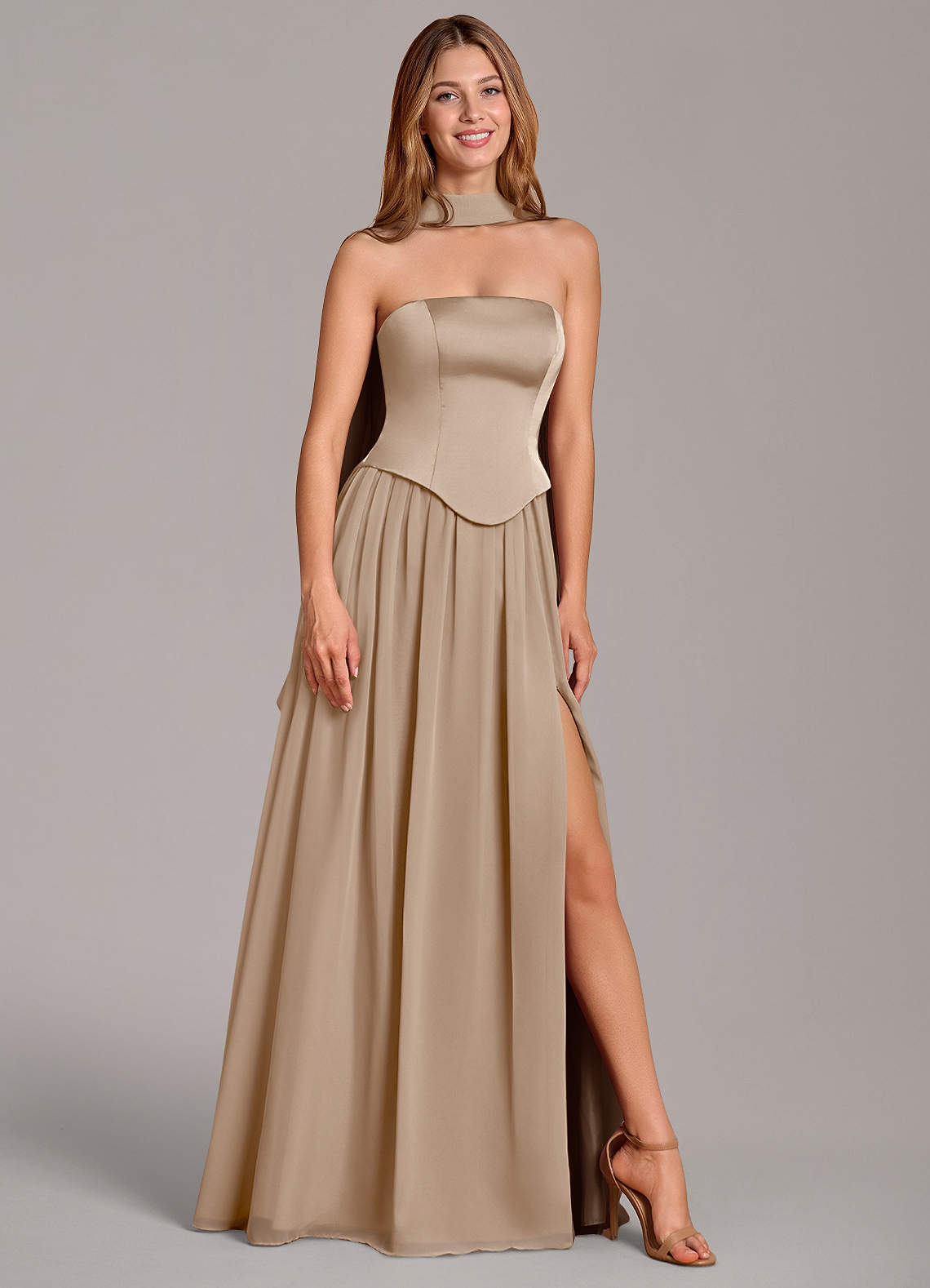 Azazie Cadence Bridesmaid Dresses Taupe A-Line Corset Stretch Satin Convertible Dress image1