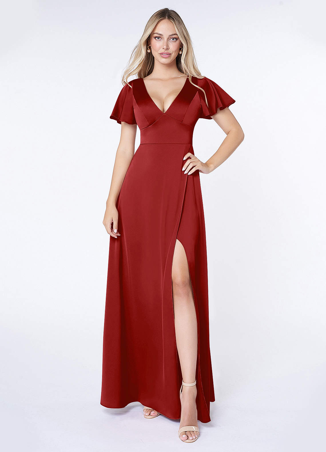 Azazie Lani Brautjungfernkleider A-Linie Volantärmel Stretch-Satin Kleid Granatapfelrot image1
