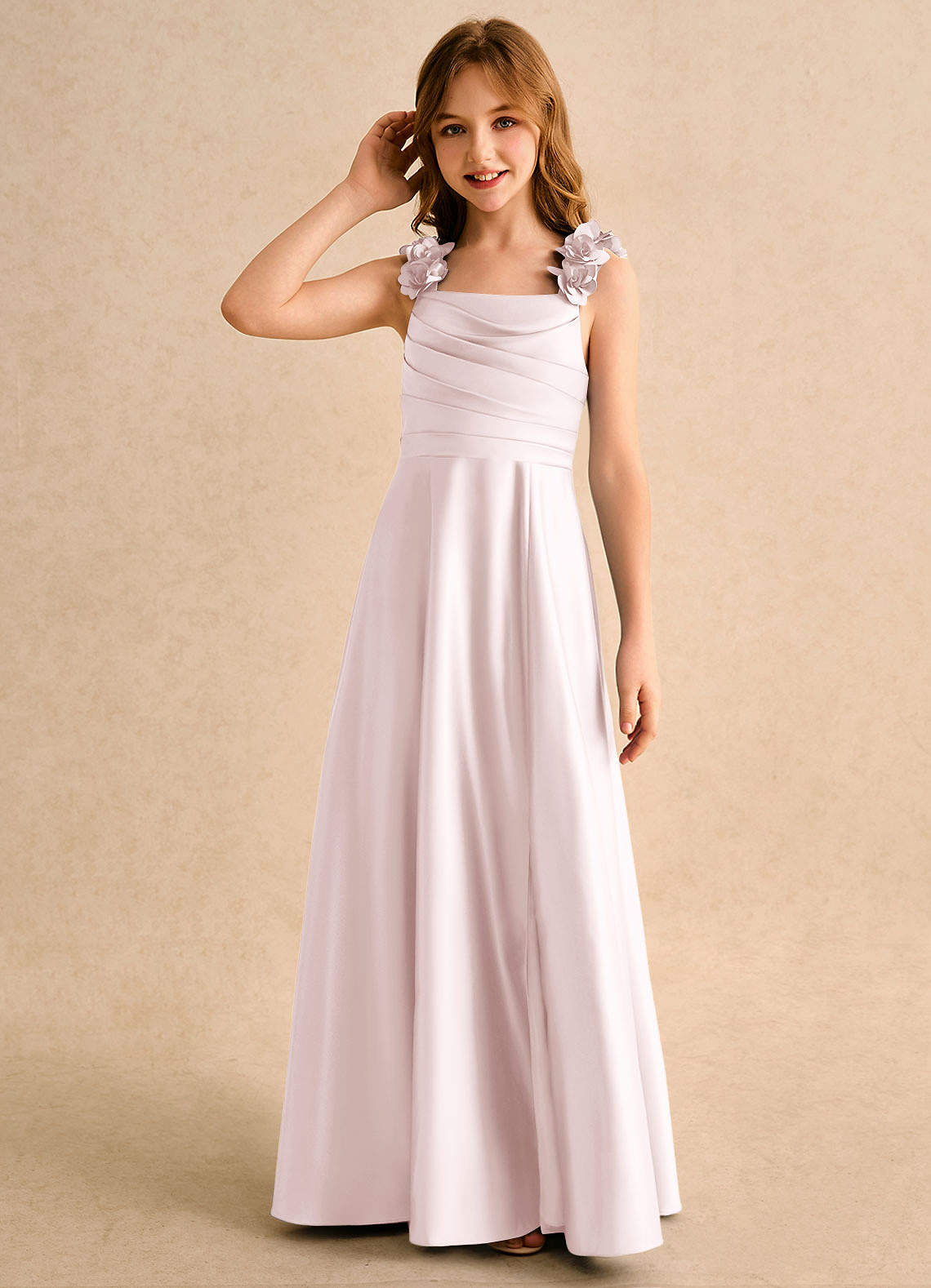 Azazie Rosita Girls Formal Flower Girl Dresses Blushing Pink A-Line Pleated Matte Satin Dress image5
