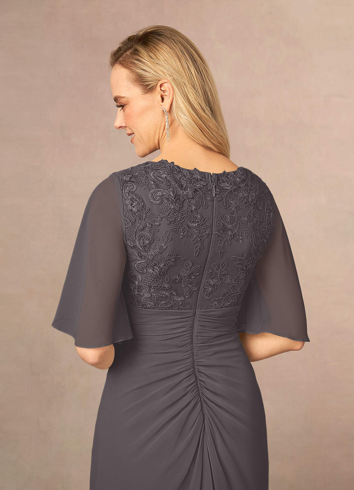 grey lace sheath dress Azazie Carson