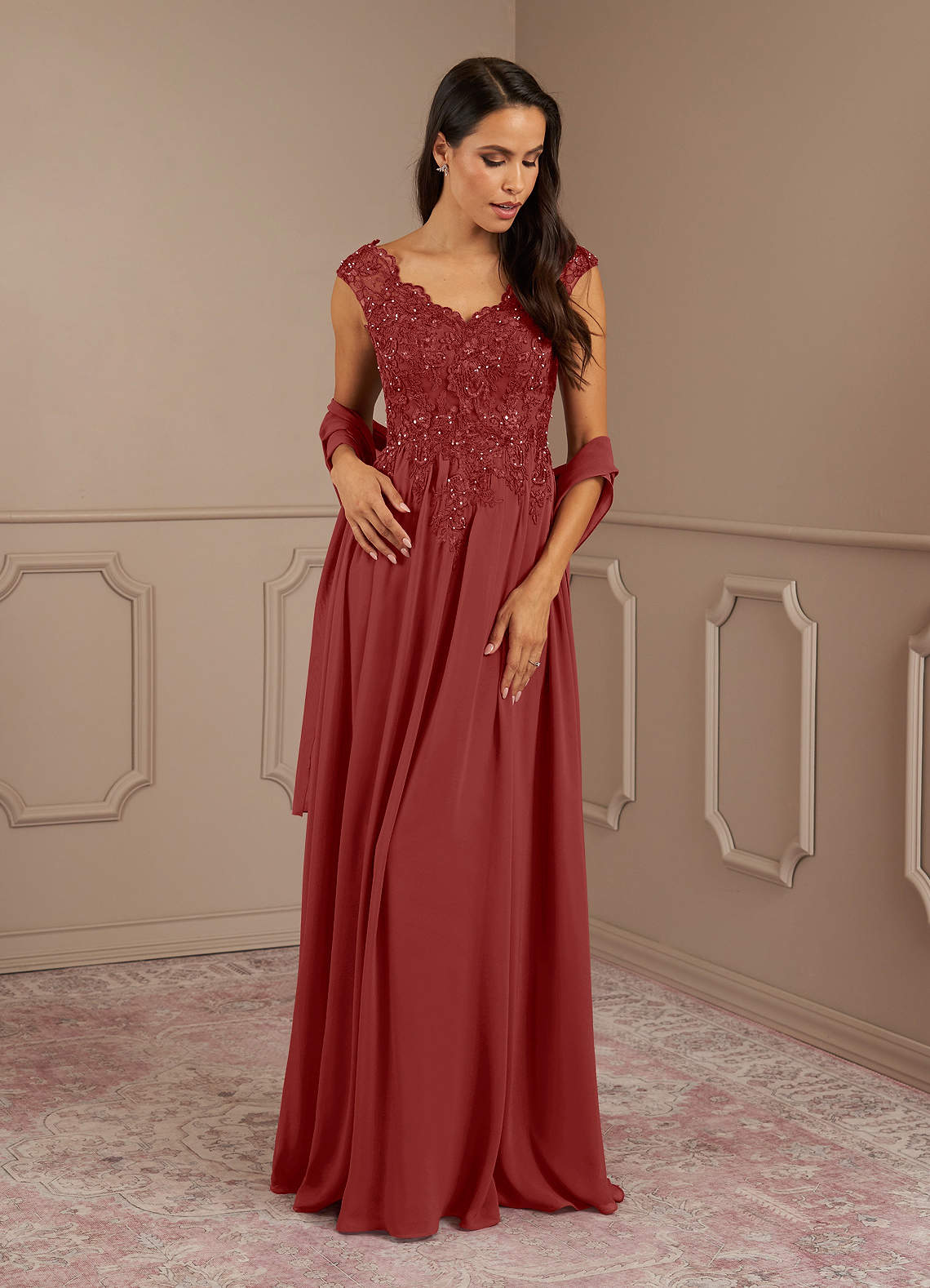 Azazie Amethyst Mother of the Bride Dresses Rust A-Line V-Neck Sequins Chiffon Dress image1