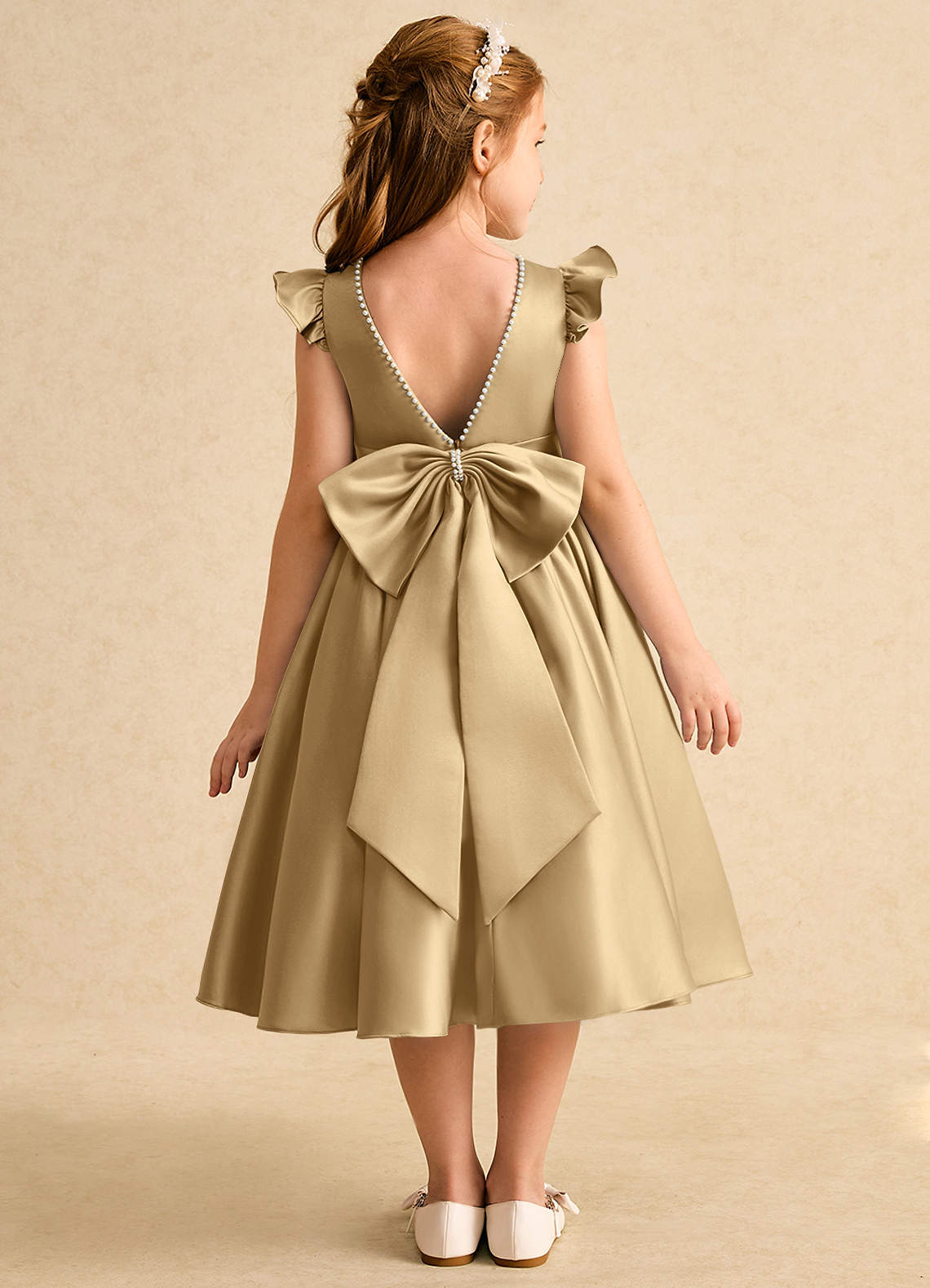 Azazie Dumpling Flower Girl Dresses Gold A-Line Bow Matte Satin Dress image1