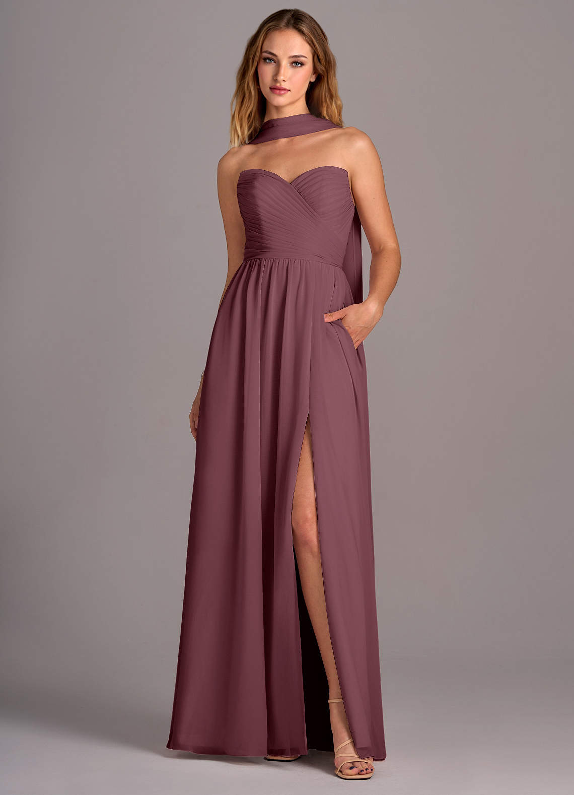 Azazie Joni Brautjungfernkleider Wandelbar A-Linie Schulterfrei Chiffon Kleid Sangria image1