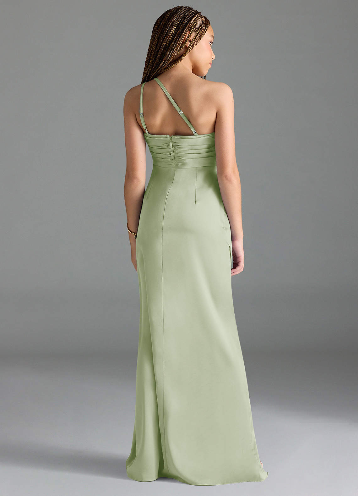 Azazie Eren Junior Dusty Sage Sheath Pleated Stretch Satin Dress image1