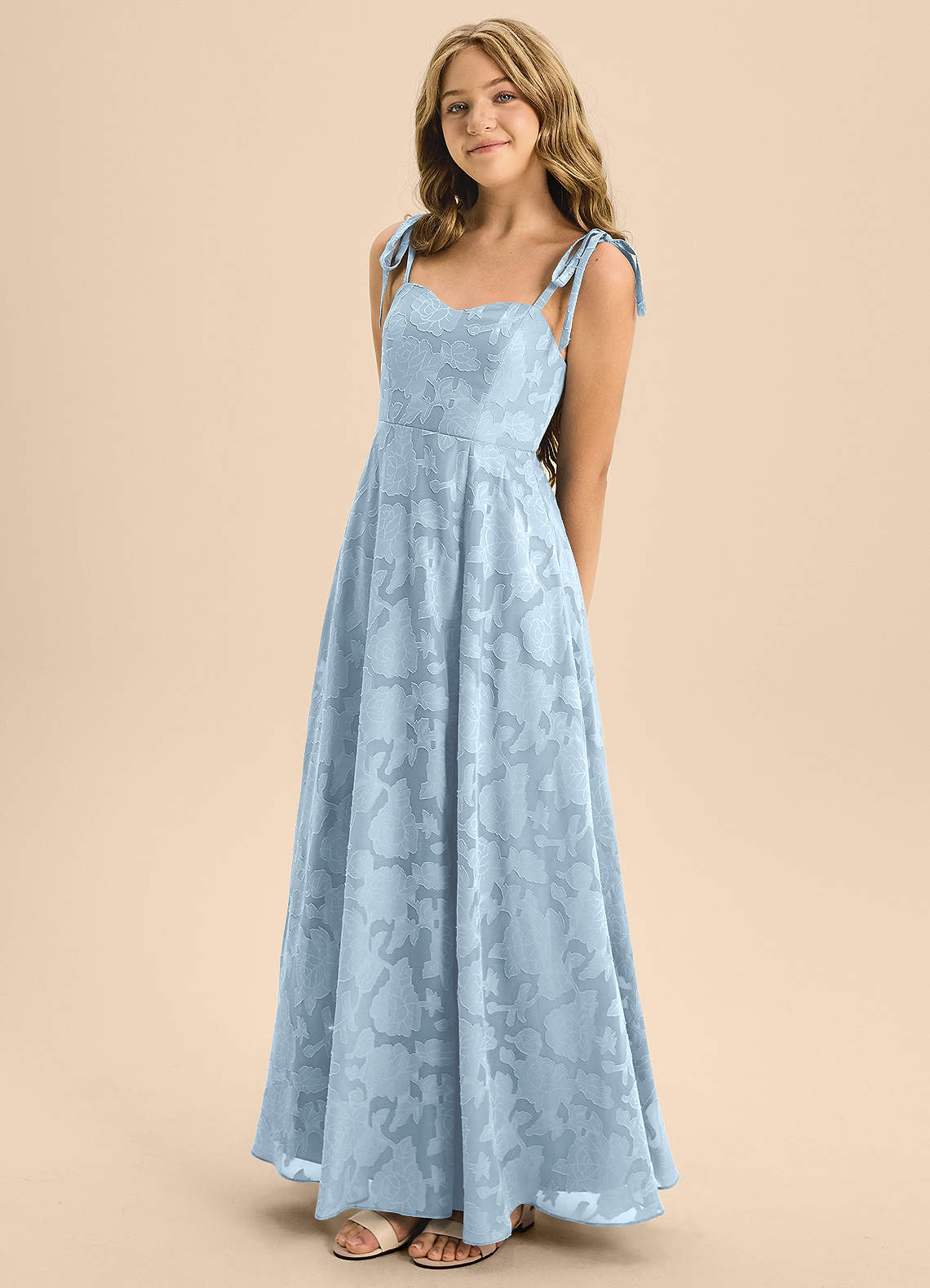 blue floral junior bridesmaid dress Azazie A-Line/Princess Sweetheart Floor-Length Burnout Dresses With gentle pleats and 19/01/2026 New ZARA Women Blue Size:1/2T