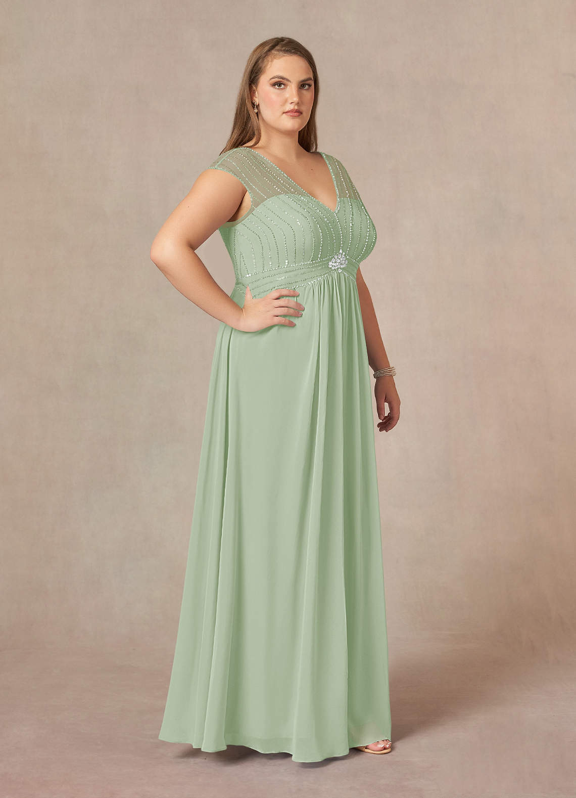 A-line V-Neck Long Sleeve Chiffon Dress Dusty Sage main image 1