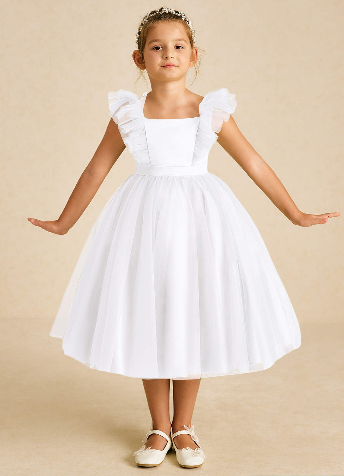 Azazie Cherub Flower Girl Dresses White A-Line Strap Tulle Dress image1