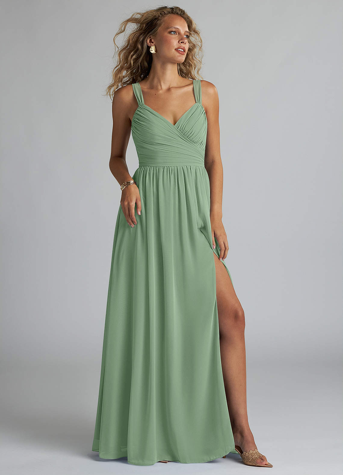 Azazie Aziza Bridesmaid Dresses Matcha A-Line V-Neck Pleated Chiffon Dress image1