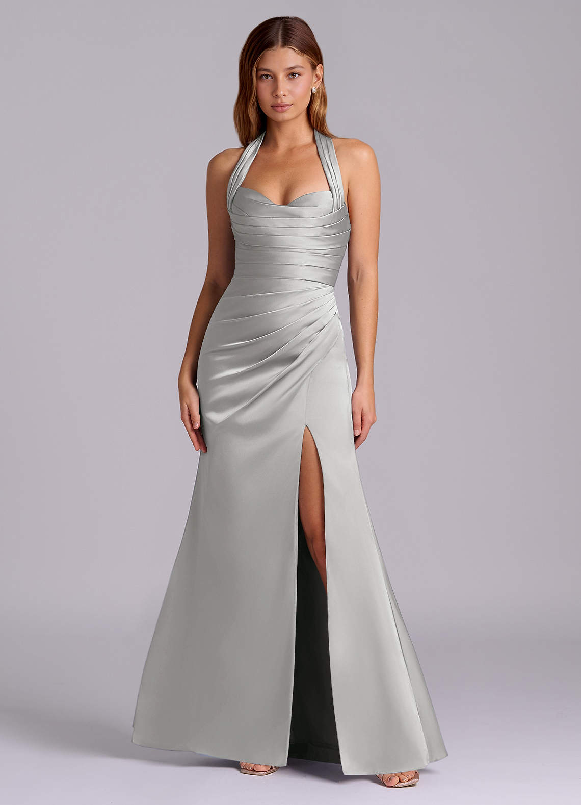 Azazie Destiny Bridesmaid Dresses Silver Mermaid Sweetheart Neckline Stretch Satin Dress image3
