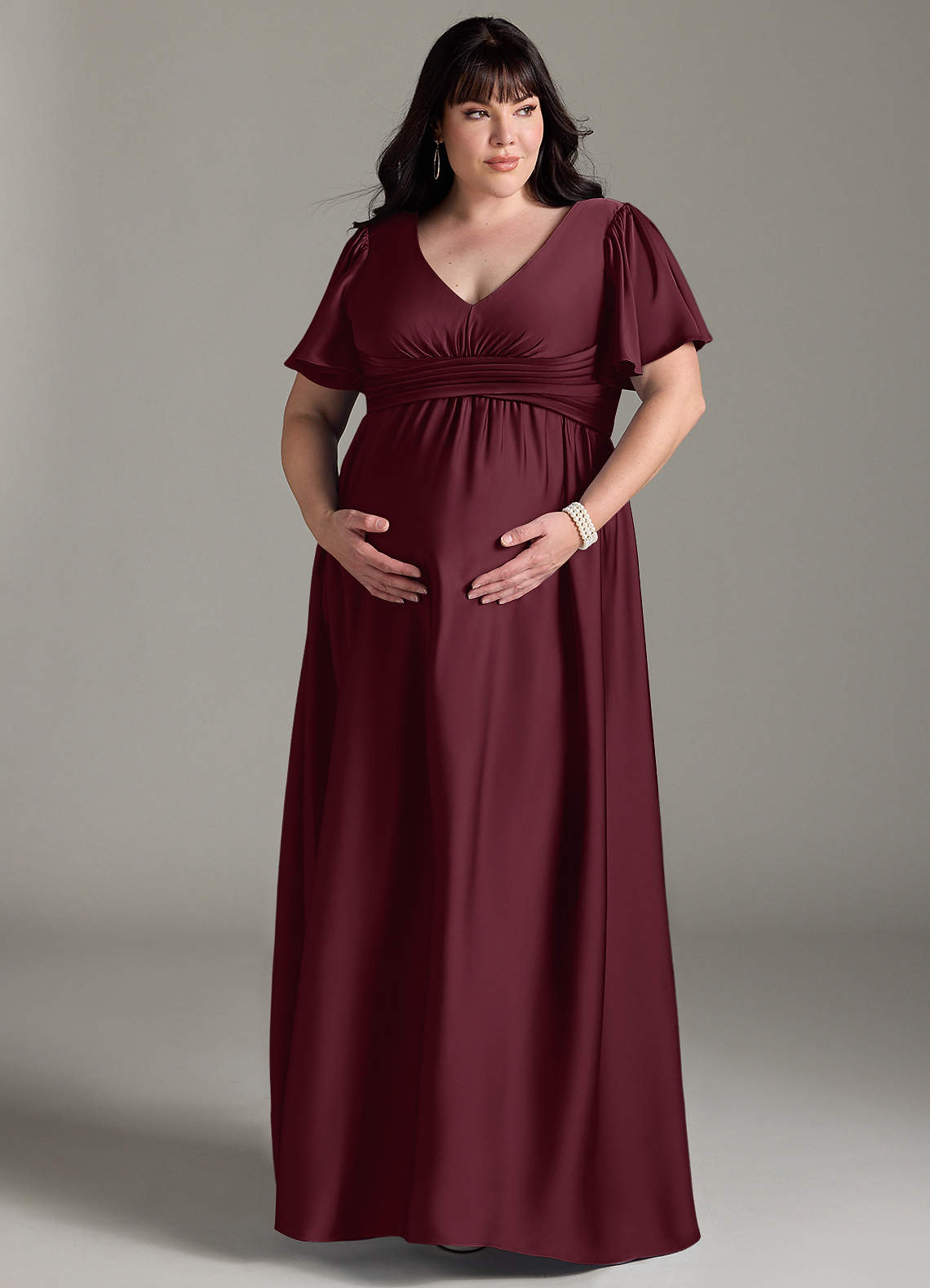 Azazie Verna vestidos de dama de honor de maternidad Vestido de Corte En A Volante Hasta el suelo Satén Elástico image12