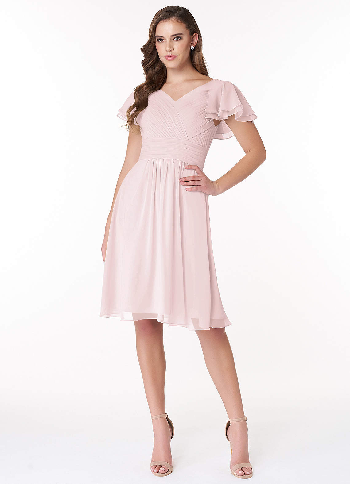 Azazie Hadley Modest Bridesmaid Dresses A-Line Pleated Chiffon Knee-Length Dress image1