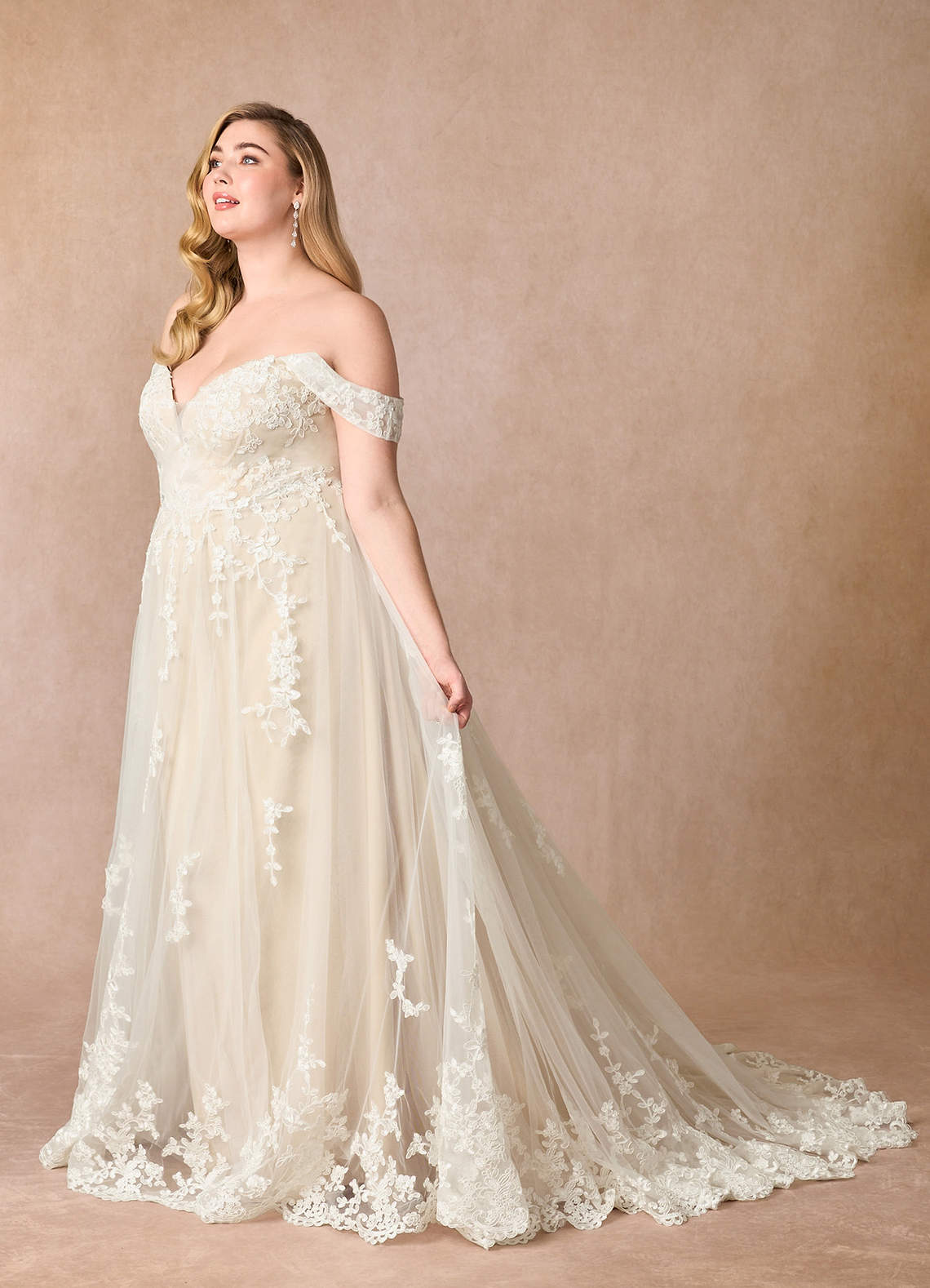 Azazie Botanica At-home Try On Dresses Diamond White Champagne A-Line Off the Shoulder Tulle Dress image7