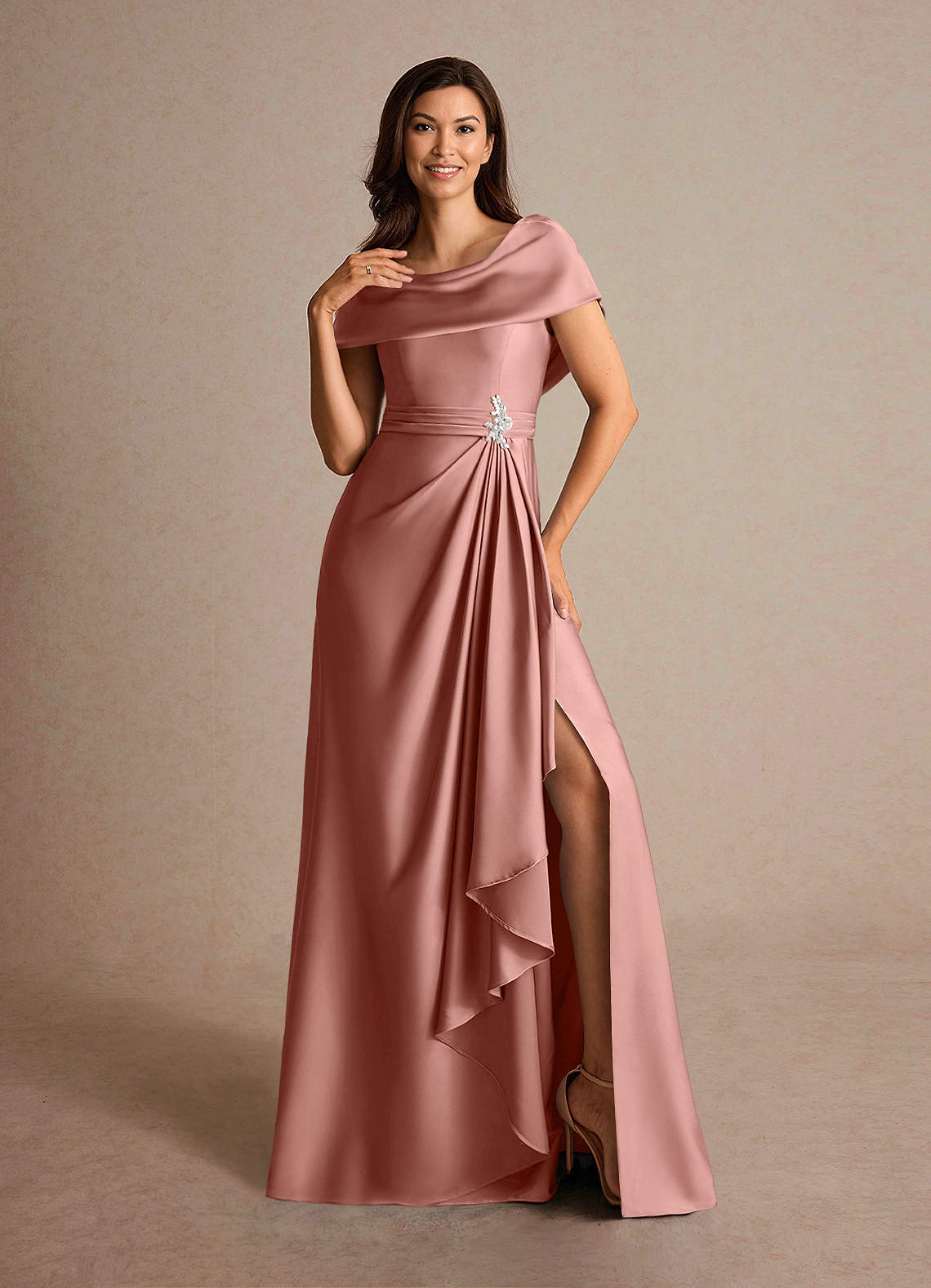 Azazie Branford Mother of the Bride Dresses Rosette A-Line Pleated Stretch Satin Dress image5