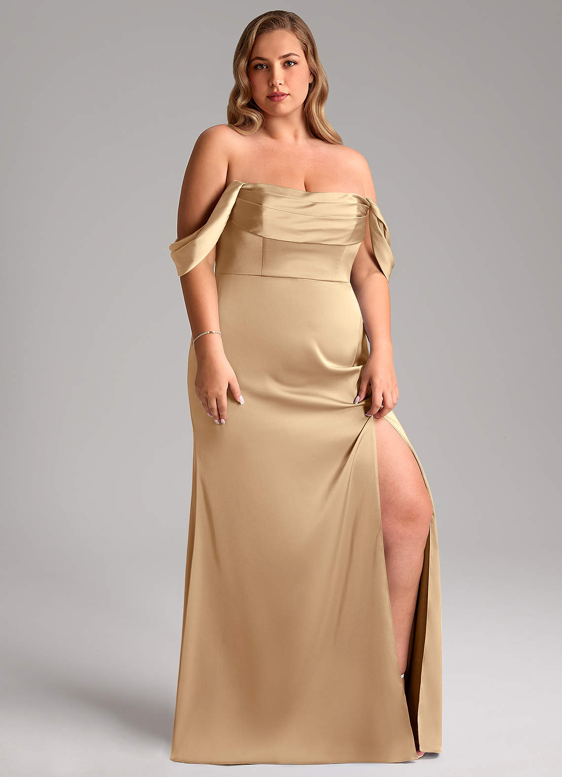 Azazie Saige Bridesmaid Dresses Champagne Sheath Off the Shoulder Stretch Satin Dress image12