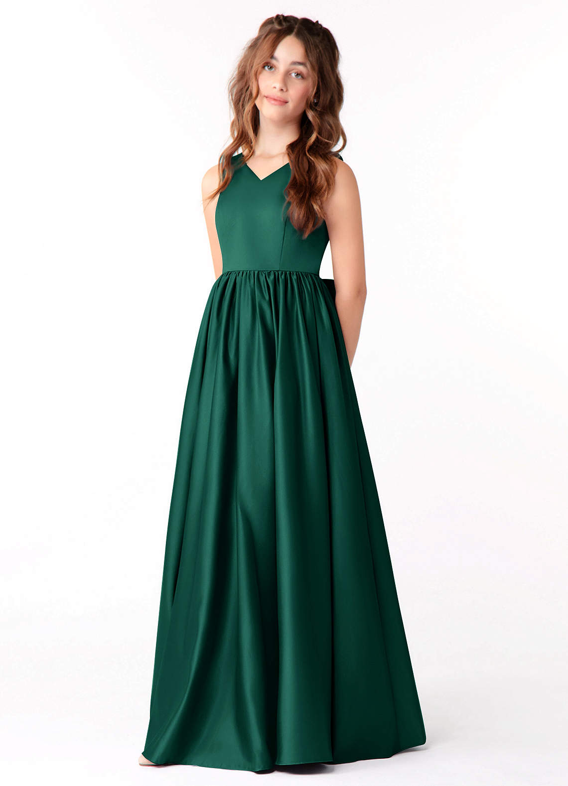 Azazie Hathaway Junior Emerald A-Line Bow Stretch Satin Dress image2