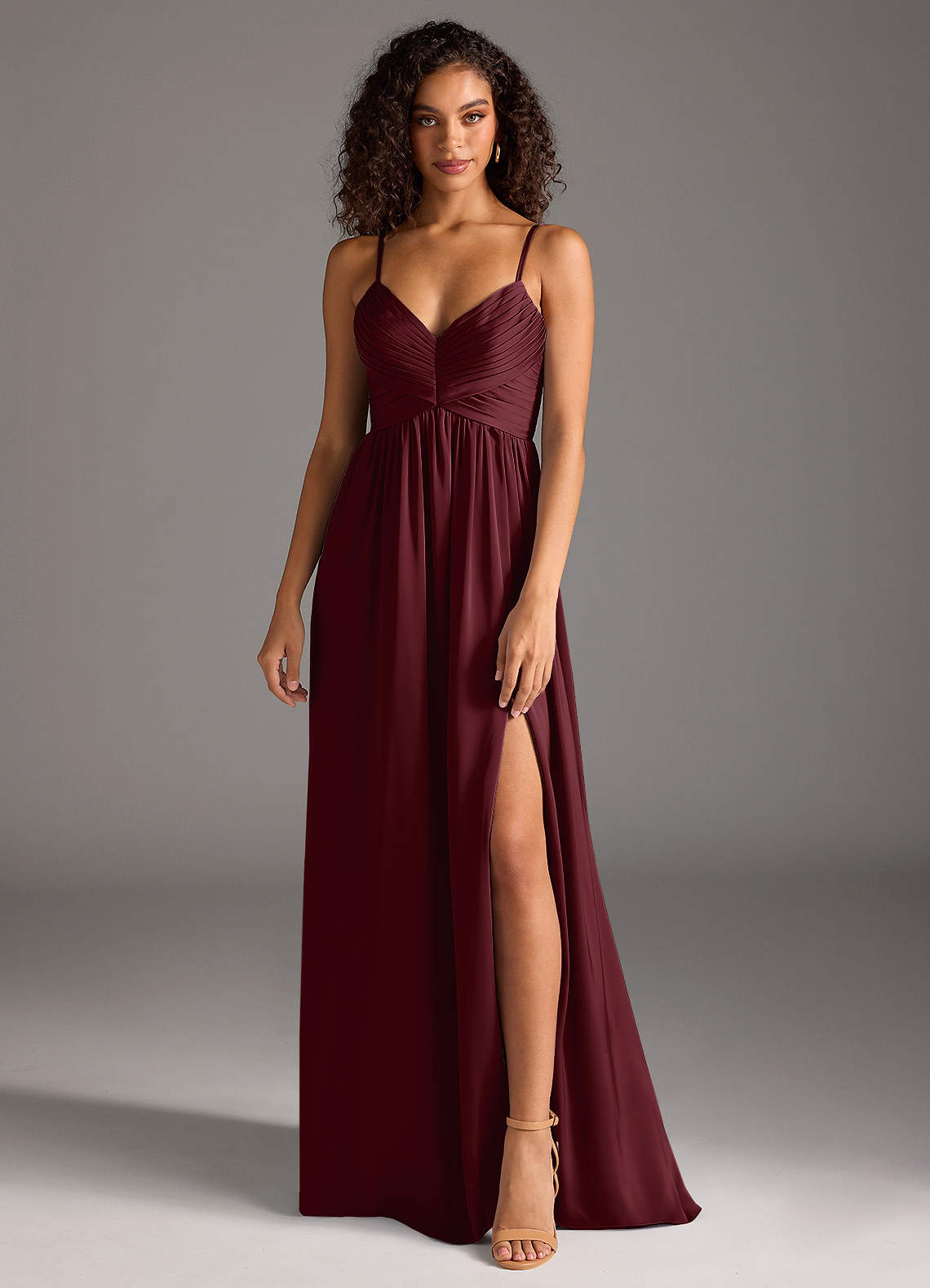 Azazie Alia Bridesmaid Dresses Cabernet A-Line Pleated Stretch Satin Dress image1