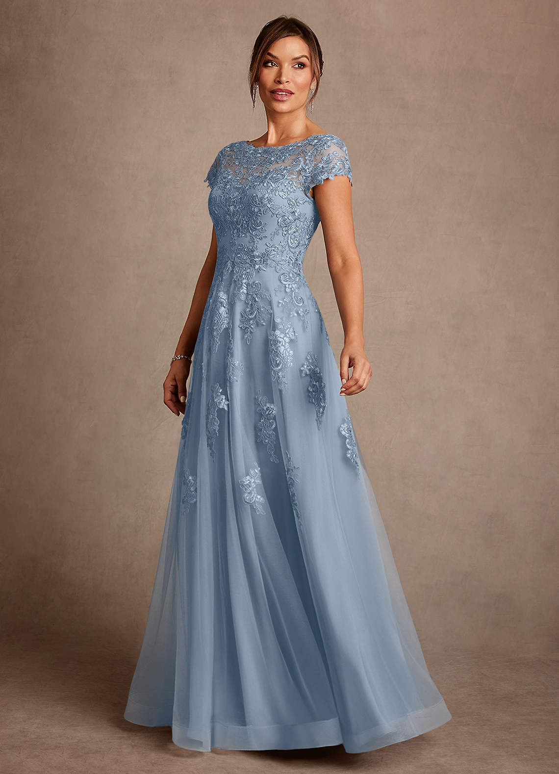 Azazie Jalinda Mother of the Bride Dresses Dusty Blue A-Line Lace Chiffon Dress image3