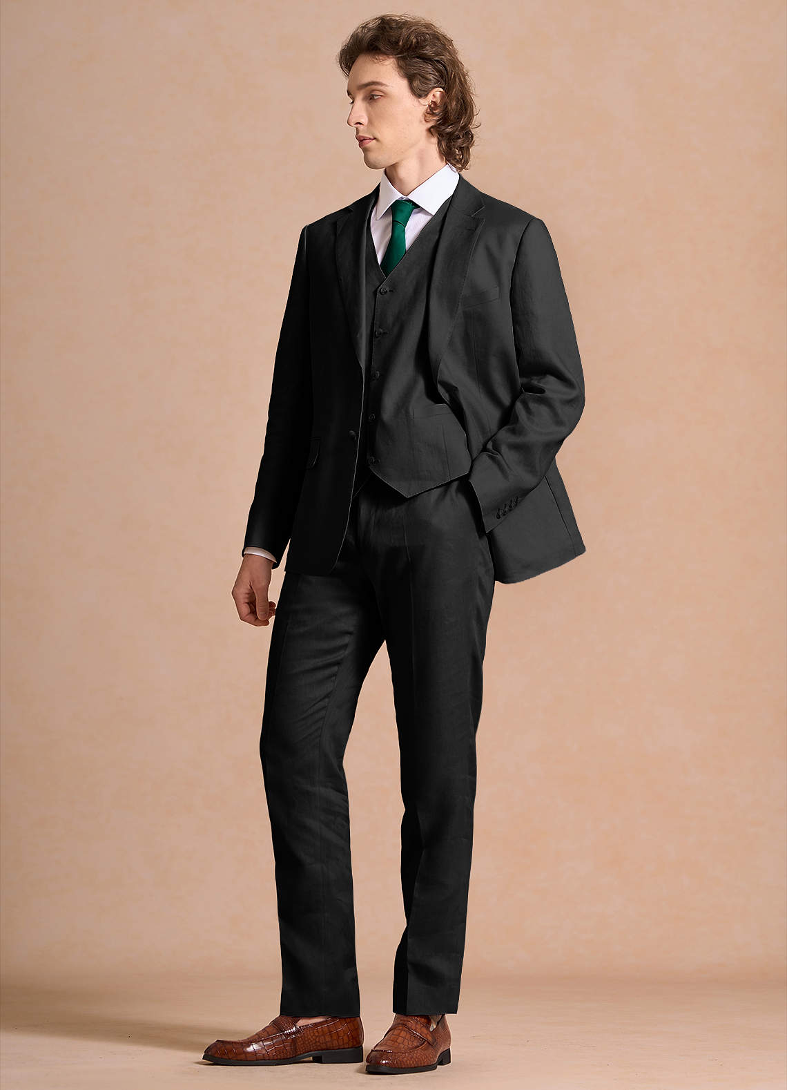 front Harrison Black 100% Linen 3-Piece Suit