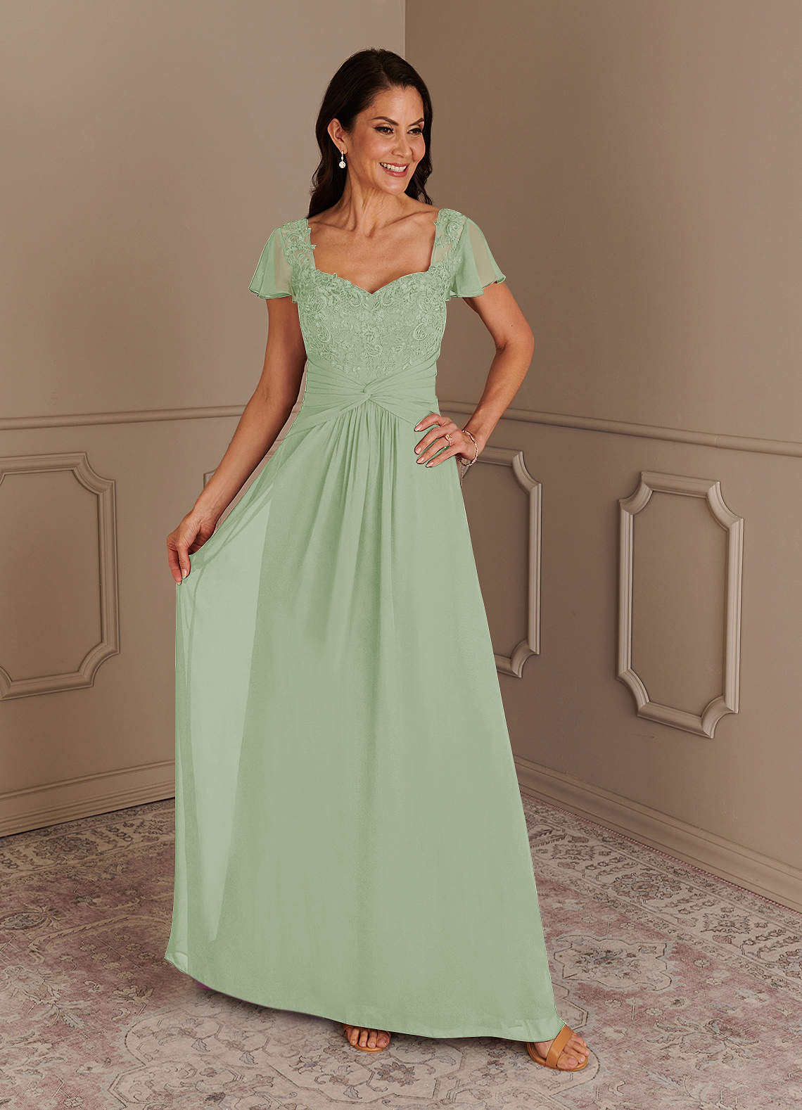 Azazie Gwenyth Mother of the Bride Dresses Dusty Sage A-Line Lace Chiffon Dress image1