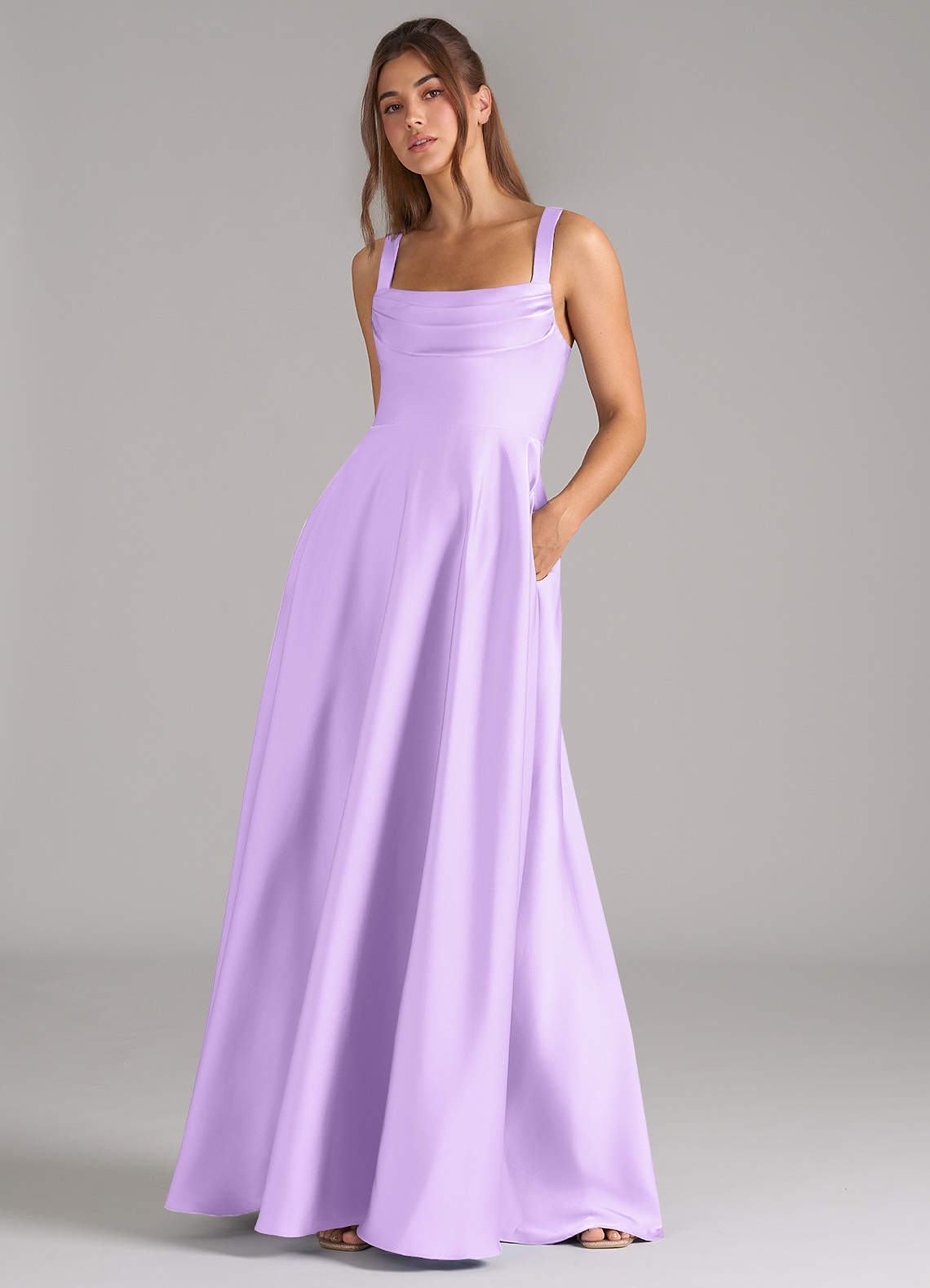 Azazie Shaude Bridesmaid Dresses Lilac A-Line Pleated Stretch Satin Dress image3