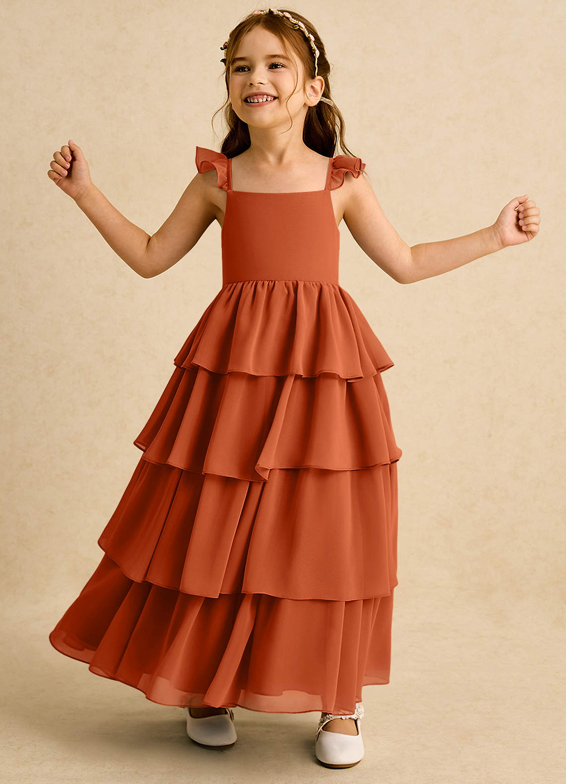 Azazie Boba Flower Girl Dresses Burnt Orange A-Line Square Neckline Chiffon Dress image1